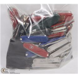 BAG OF MIXED SWISS ARMY KNIVES, MULTI TOOLS AND