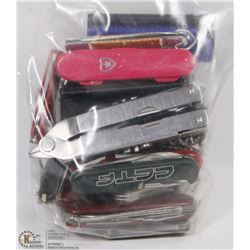 BAG OF MIXED SWISS ARMY KNIVES, MULTI TOOLS AND