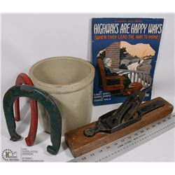 BOX W/ VINTAGE CROCK ,HORSE SHOES, MUSIC, AND MORE
