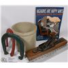 Image 1 : BOX W/ VINTAGE CROCK ,HORSE SHOES, MUSIC, AND MORE