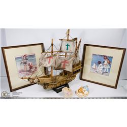 BOX WOODEN SHIP, 2 SEASIDE PRINTS & 2 PENDELFINS.