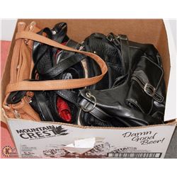 BOX OF ASSORTED PURSES, NEW AND USED , LEATHER AND
