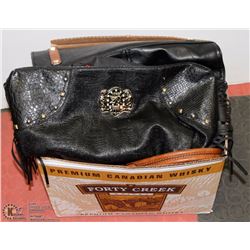 BOX OF ASSORTED PURSES, NEW AND USED , LEATHER AND
