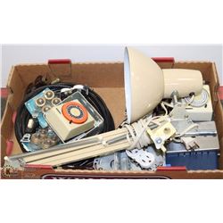FLAT OF ELECTRICAL SUPPLIES AND DESK LAMP.