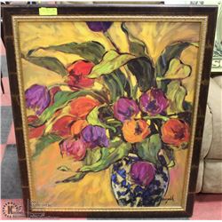 FLORAL OIL ON CANVAS SIGNED 32X39.