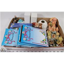 FLAT OF ASSORTED ORNAMENTS, CANDLE HOLDERS AND