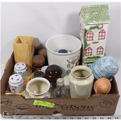 BOX OF CRAFT MATERIAL WITH WOODEN WHEELS
