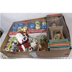 FLAT OF CHRISTMAS ORNAMENTS, NUT CRACKER AND MORE.