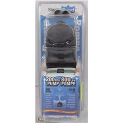 SIMPLE POND 200GPH PUMP WITH 46" OF LIFT,.