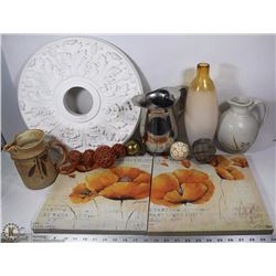 NEW CEILING MEDALLION , POTTERY PITCHERS , GLASS