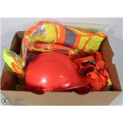 SIX LARGE -2XL SAFETY VESTS & 1 HARD HAT.