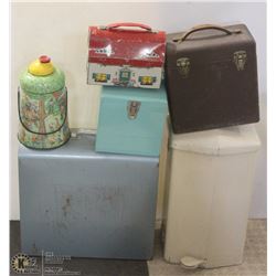 ANTIQUE METAL SUITCASE, GARBAGE CAN, METAL STORAGE