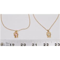 LOT OF 2 GOLD TONE CAT PENDANTS & CHAIN W/ PINK &