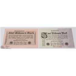 REICHSBANKNOTE 5 MILLION AND 2 MILLION MARKS