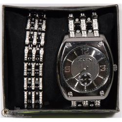 ELGIN BLACK CHROME AND CRYSTAL WATCH/BRACELET