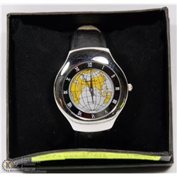 GLOBE FACE QUARTZ WATCH WITH LEATHER BAND - NEW