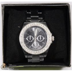 BLACK CHRONO STYLE WATCH WITH CRYSTAL BEZEL - NEW