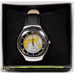 GLOBE FACE QUARTZ WATCH WITH LEATHER BAND - NEW