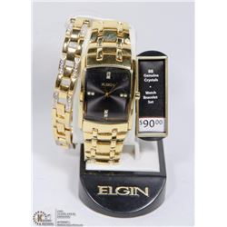 ELGIN GOLD TONE WATCH/BRACELET COMBO WITH 88