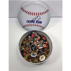 #6 - ROUND BASEBALL BOX W/ DOZENS OF TACK PINS