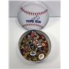 Image 1 : #6 - ROUND BASEBALL BOX W/ DOZENS OF TACK PINS