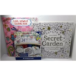#5 - LOT OF 2 ADULT COLORING BOOKS & 24 STAEDTLER