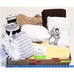 LARGE TRAY OF REPACKAGED NEW LINENS, BATH LINENS &