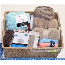 WICKER BASKET OF NEW REPACKAGED LINENS AND