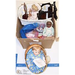 LOT OF 9 PORCELAIN DOLLS WITH WOODEN DOLL DESK &