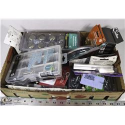 LARGE FLAT OF NEW MISC FASTENERS,HOOKS,DOOR