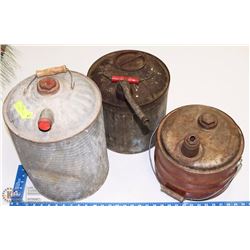 LOT OF 3 VINTAGE METAL GAS CANS - 1 LARGE, 1