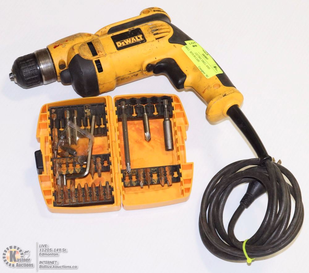 DEWALT CORDED DRILL AND DRILL BIT SET IN CASE
