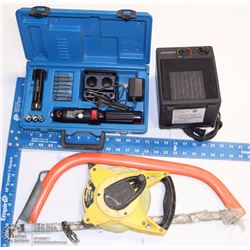 BOX OF ASSORTED TOOLS, CERAMIC HEATER AND MORE