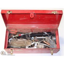 RED METAL LOCKABLE TOOL BOX WITH CONTENTS OF