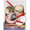 Image 1 : LARGE BOX OF ENAMEL POTS AND LIDS, WOOD CHERRY