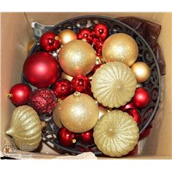 METAL BOWL OF CHRISTMAS DECORATIONS AND RIBBON.
