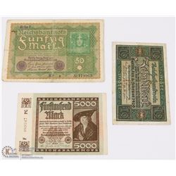 3 GERMAN WWI -5000 MARKS 1922, 50 MARKS 1919,
