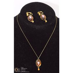 ESTATE 14K GOLD CHAIN W/ CAMEO PENDANT & EARRINGS.