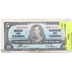 1937 CANADIAN $5 BILL
