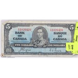 1937 CANADIAN $5 BILL