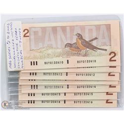 LOT OF 7 SEQUENTIAL SERIAL #'S 1986 CANADIAN $2.00