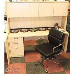 OFFICE DESK WITH HUTCH AND BLACK LEATHERETTE