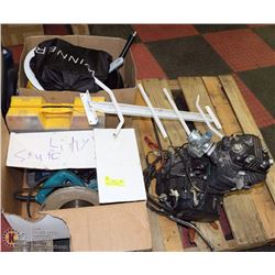 SMALL PALLET WITH ENGINE, POWER TOOLS, CAMPING