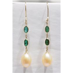 37) 10K Y.GOLD EMERALD & FRESHWATER PEARL EARRINGS