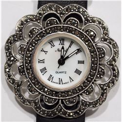 38) NOBEL WOMENS MARCASITE GENUINE LEATHER WATCH