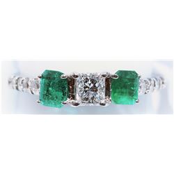 42) 14K WHITE GOLD EMERALD AND DIAMOND RING