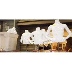6 BODY FORM MANNEQUINS, MOST WITH STANDS AND