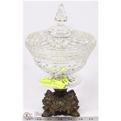 12" TALL COVERED CANDY DISH ON CAST IRON STAND