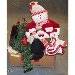 BOX OF LARGE SNOWMAN SHELF SITTER, TREE SKIRT,