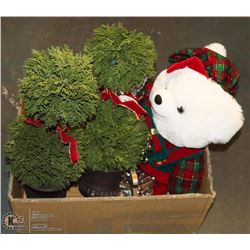 BOX WITH LARGE BEAR, 2 LIGHTED TOPARIES AND MORE